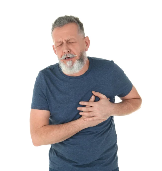 Ο άνθρωπος που υποφέρει από πόνο στο στήθος σε λευκό φόντο — Φωτογραφία Αρχείου