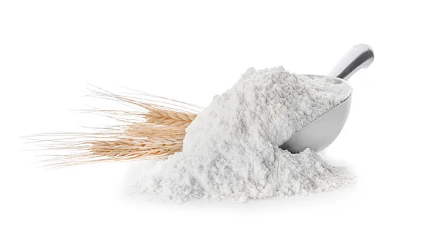 Scoop with flour on white background — Stock Photo, Image