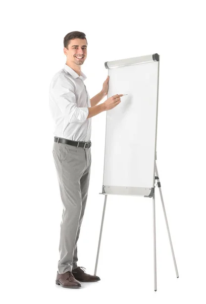 Üzleti trainer, flip-chart tábla, fehér háttér a bemutató tartása — Stock Fotó