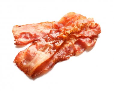 Beyaz arka planda kızarmış pastırma.