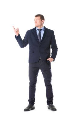 Beyaz arka plan üzerinde seminer açıklayan iş eğitmen