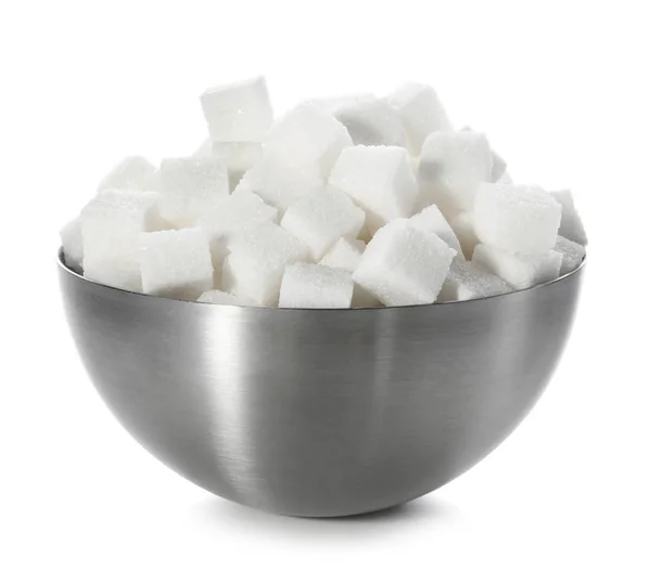 Rafinovaný cukr kostky v misce na bílém pozadí — Stock fotografie