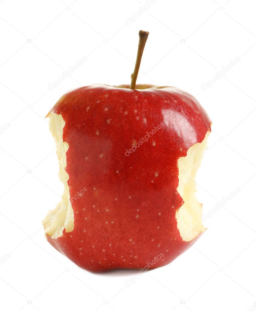 Ripe red apple with bite marks on white background