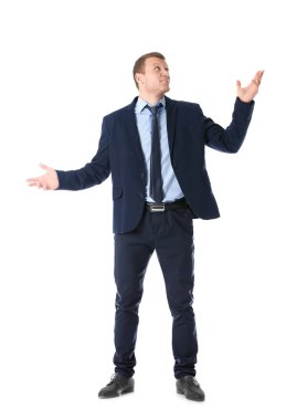 Beyaz arka plan üzerinde seminer açıklayan iş eğitmen