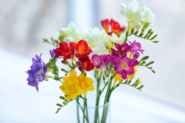 Vacker bukett med fresia blommor på suddig bakgrund — Stockfoto