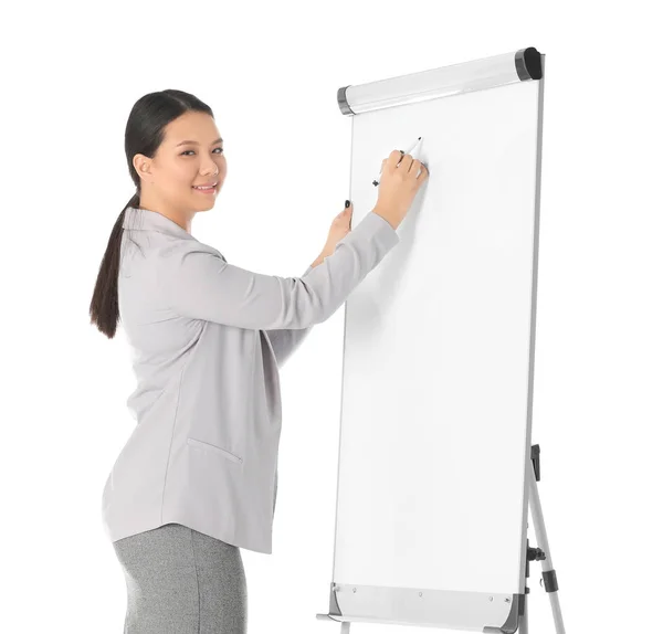 Business trainer geven van presentatie op flip-overbord bord tegen witte achtergrond — Stockfoto