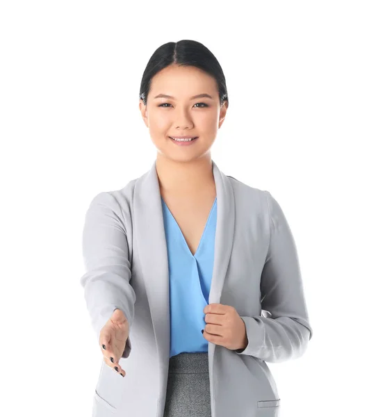 Business trainer reaching out for handshake on white background — Stock Photo, Image