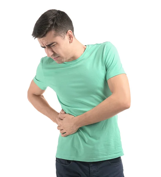 Man suffering from flank pain on white background — Stock Photo, Image