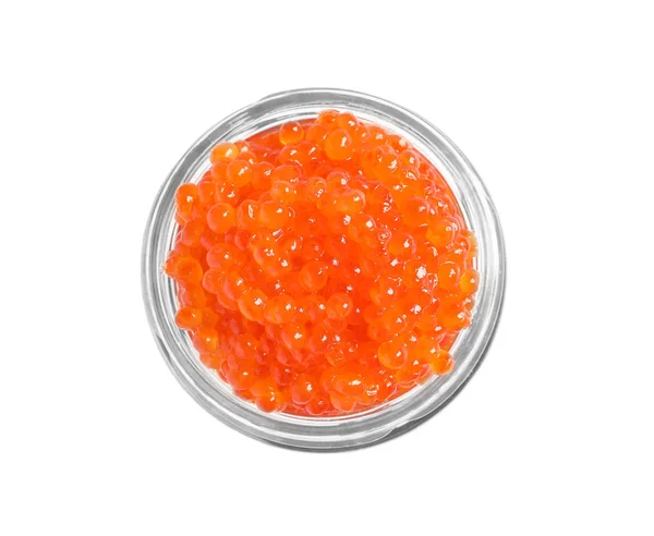 Pot avec délicieux caviar rouge sur fond blanc — Photo