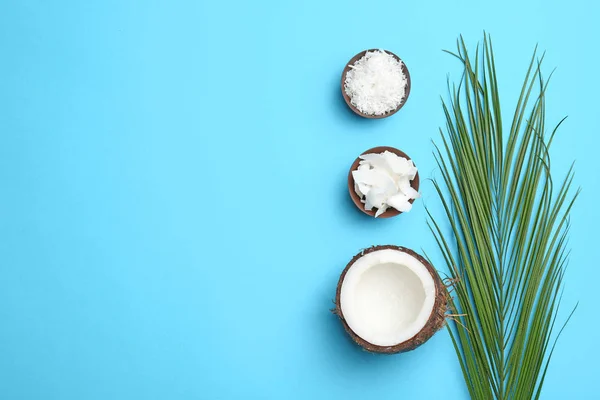 컬러 배경, 평면도에 코코넛 부스러기와 구성 — 스톡 사진