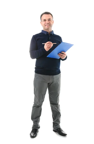 Mannelijke leraar met Klembord op witte achtergrond — Stockfoto