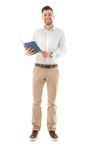Profesor masculino con libro sobre fondo blanco — Foto de Stock