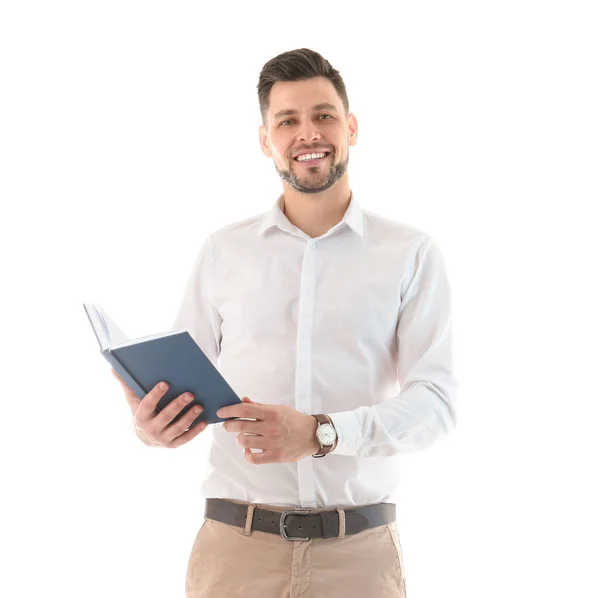 Retrato de maestro varón con libro sobre fondo blanco — Foto de Stock