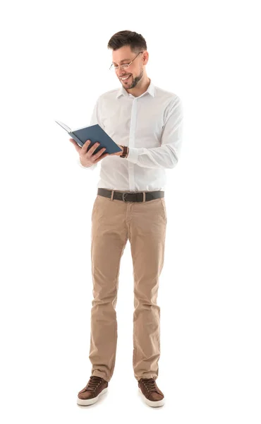 Professeur masculin avec livre sur fond blanc — Photo