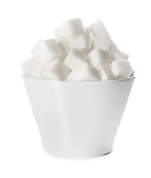 Kostki cukru rafinowanego w miska na białym tle — Zdjęcie stockowe