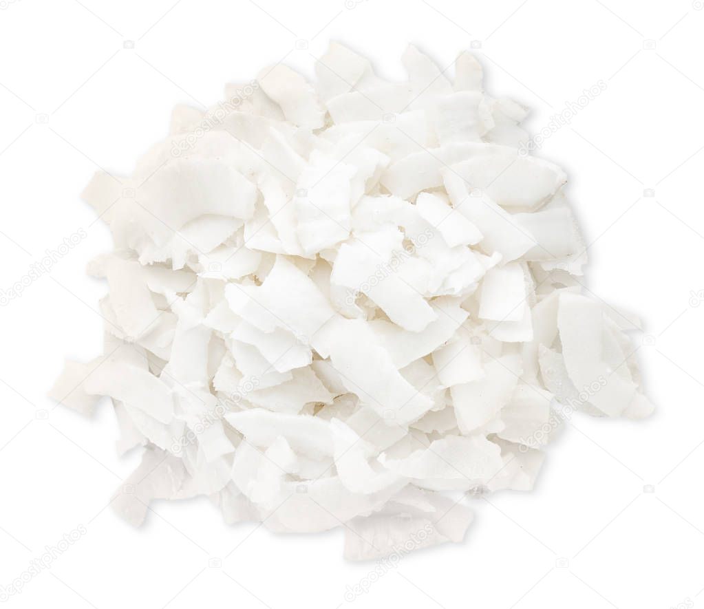 Fresh coconut flakes on white background