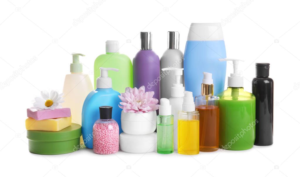 Composition of body care products on white background