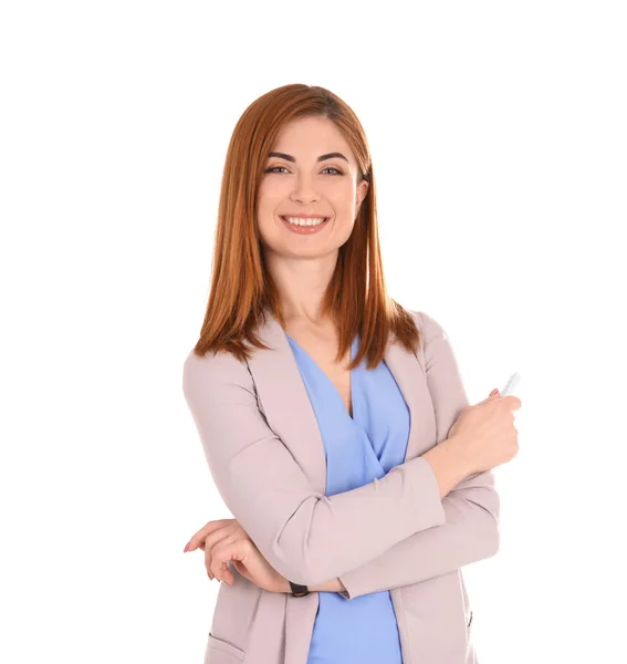 Hermosa maestra joven con tiza sobre fondo blanco — Foto de Stock