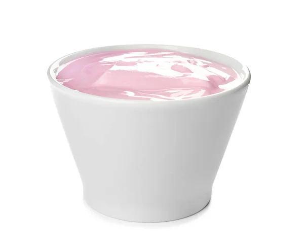 Cuenco con delicioso yogur sobre fondo blanco — Foto de Stock