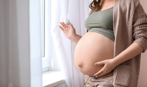 Jonge zwangere vrouw bij het raam thuis — Stockfoto