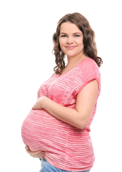 Young pregnant woman in casual clothes on white background — Stock Photo, Image