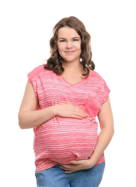 Young pregnant woman in casual clothes on white background — Stock Photo, Image