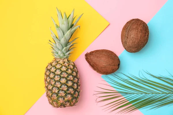 stock image Fresh pineapple and coconuts on color background, flat lay