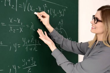 Genç kadın öğretmen sınıfta yazı tahtası üzerinde yazma