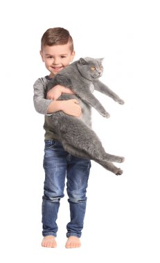 Sevimli küçük çocuk ile kedi beyaz arka plan üzerinde