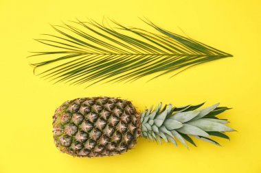 Düz renkli arka plan üzerinde taze ananas yatıyordu