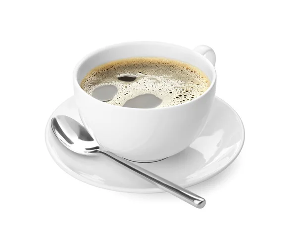 Copo com delicioso café quente no fundo branco — Fotografia de Stock