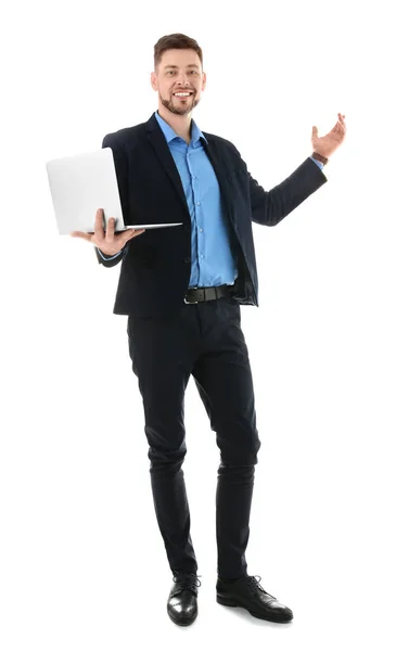 Profesor masculino con portátil sobre fondo blanco — Foto de Stock