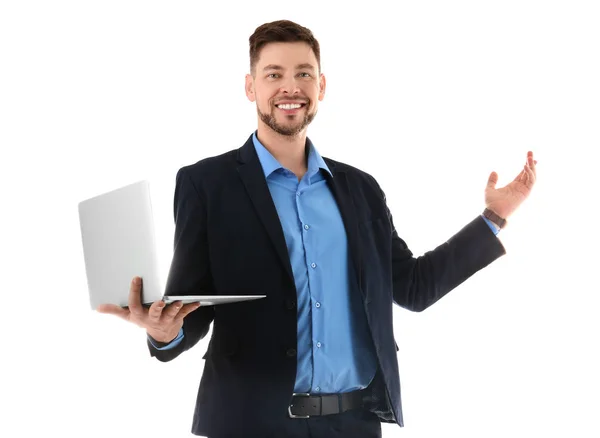 Potret guru laki-laki dengan laptop berlatar belakang putih — Stok Foto