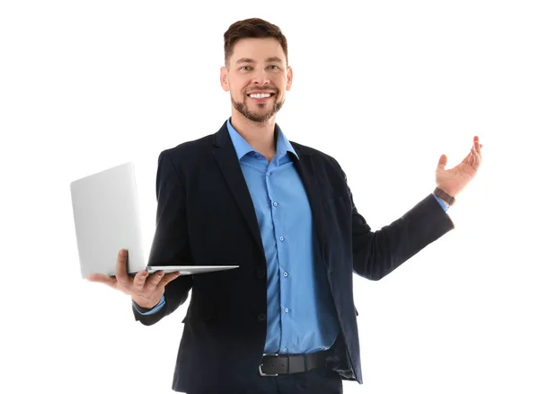 Retrato de maestro masculino con portátil sobre fondo blanco —  Fotos de Stock