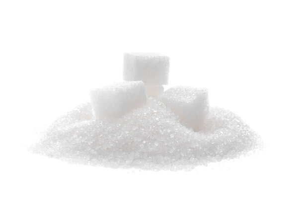 Refined sugar on white background