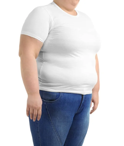 Sovrappeso donna su sfondo bianco — Foto Stock