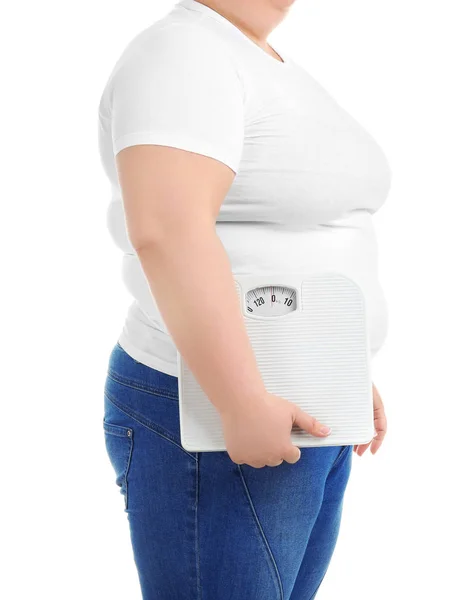 Overweight woman with scales on white background — Stock Photo, Image