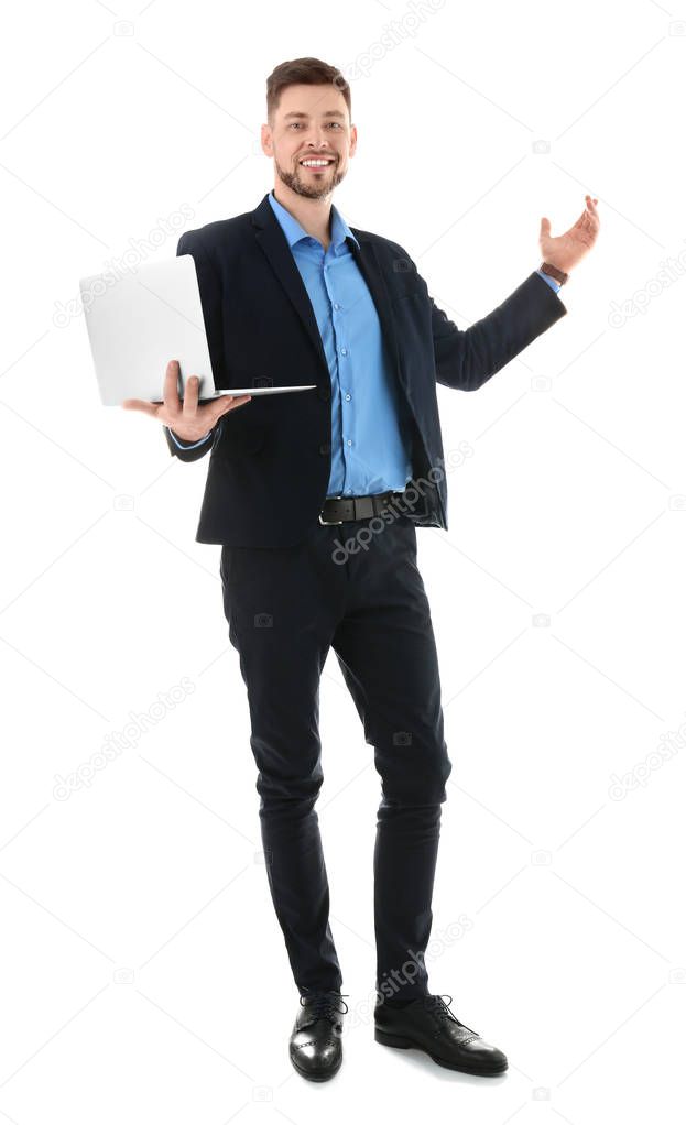 Male teacher with laptop on white background