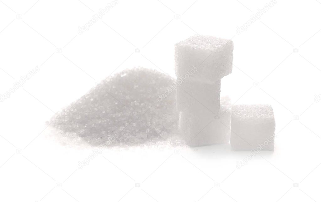 Refined sugar on white background