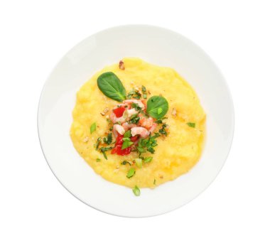 Lezzetli karides ve beyaz arka plan, üstten görünüm üzerinde irmik ile plaka