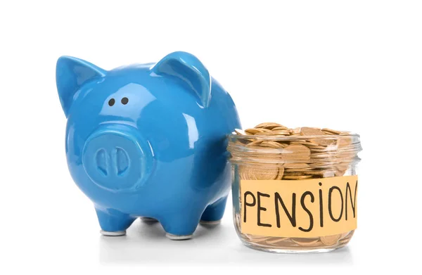 Piggy bank, glass jar with label "PENSION" and coins on white background — Stock Photo, Image