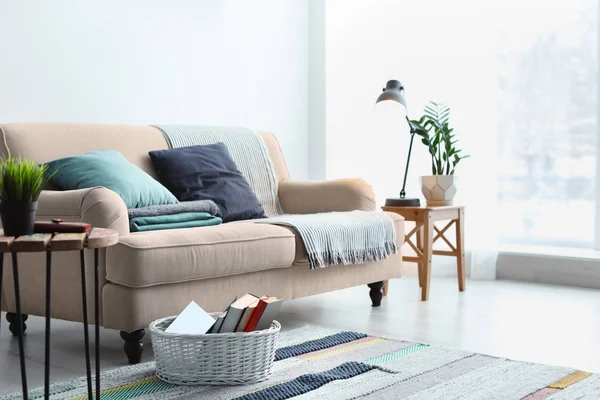 Snygg vardagsrum interiör med bekväm soffa — Stockfoto