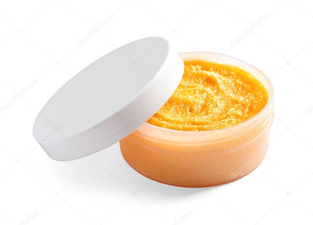 Container with natural scrub on white background