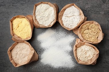 Un gri arka plan üzerinde farklı tipleri ile kağıt torbalar