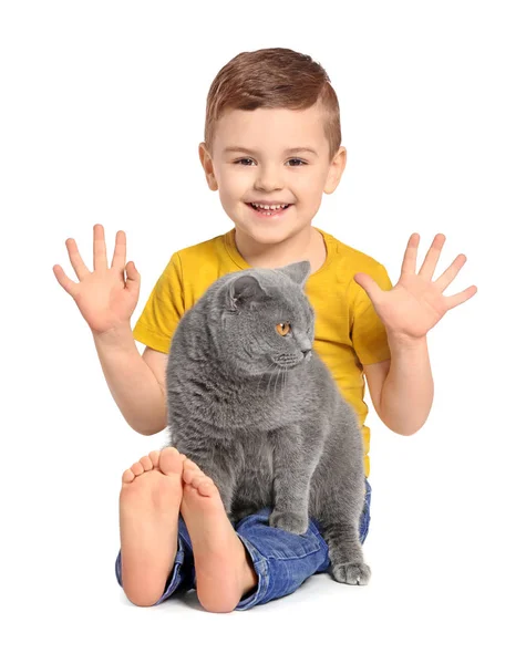 Mignon petit enfant avec chat sur fond blanc — Photo