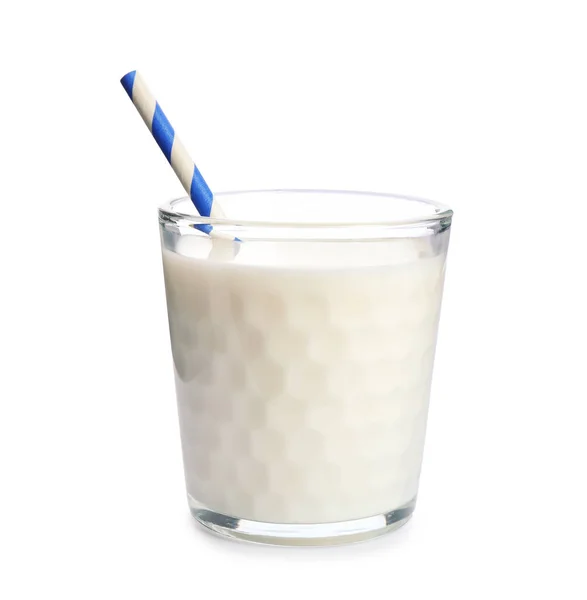 Ποτήρι γάλα με άχυρο σε λευκό φόντο — Φωτογραφία Αρχείου