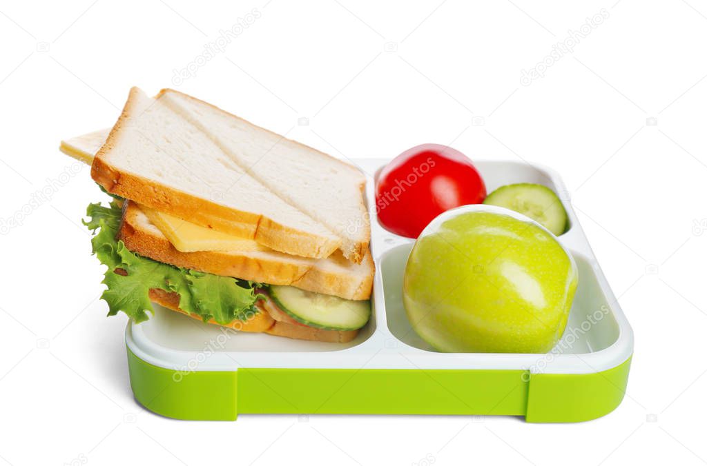 Lunch box with appetizing food on white background