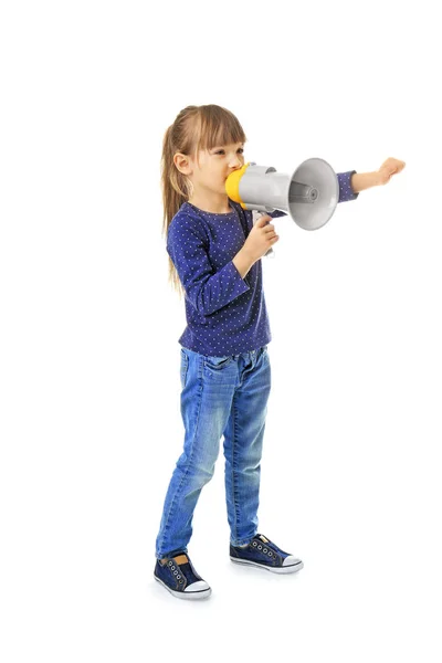 Cute little girl with megaphone on white background — Stock Photo, Image