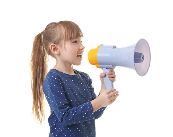 Menina bonito com megafone no fundo branco — Fotografia de Stock