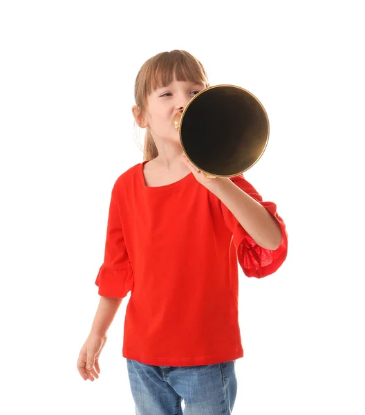 Cute little girl with megaphone on white background — Stock Photo, Image